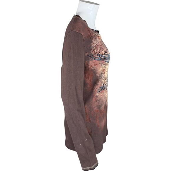 Harley-Davidson Aces & Eights Shirt XL Brown Long Sleeve Distressed Cotton - Picture 14 of 14